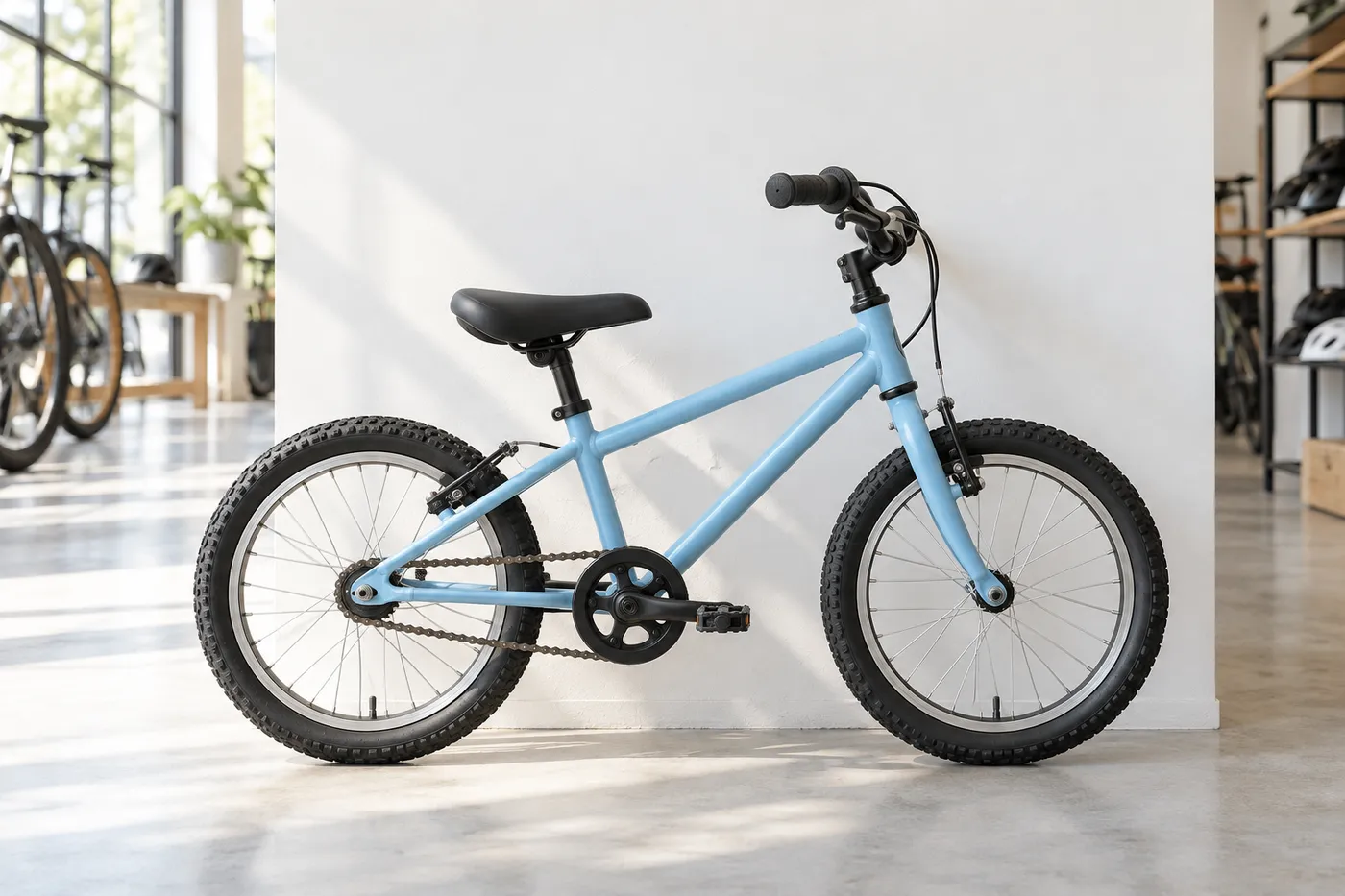 Illustration: hellblaues, leichtes Kinderrad an einer weißen Wand in einem Fahrradladen